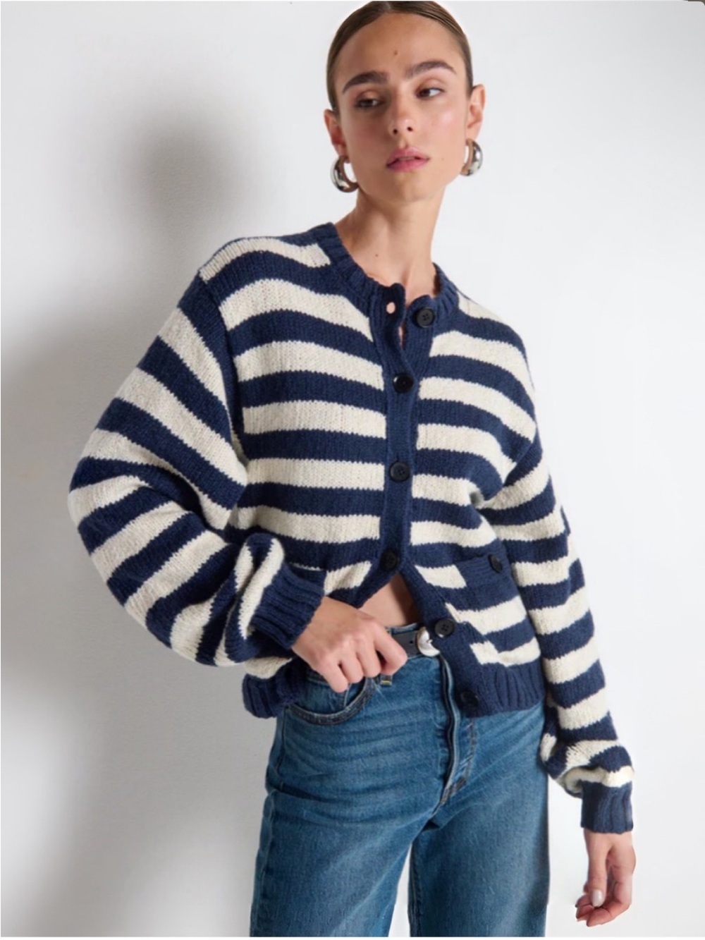 Nation LTD Tessa Navy and Cream Striped Button-Front Cardigan